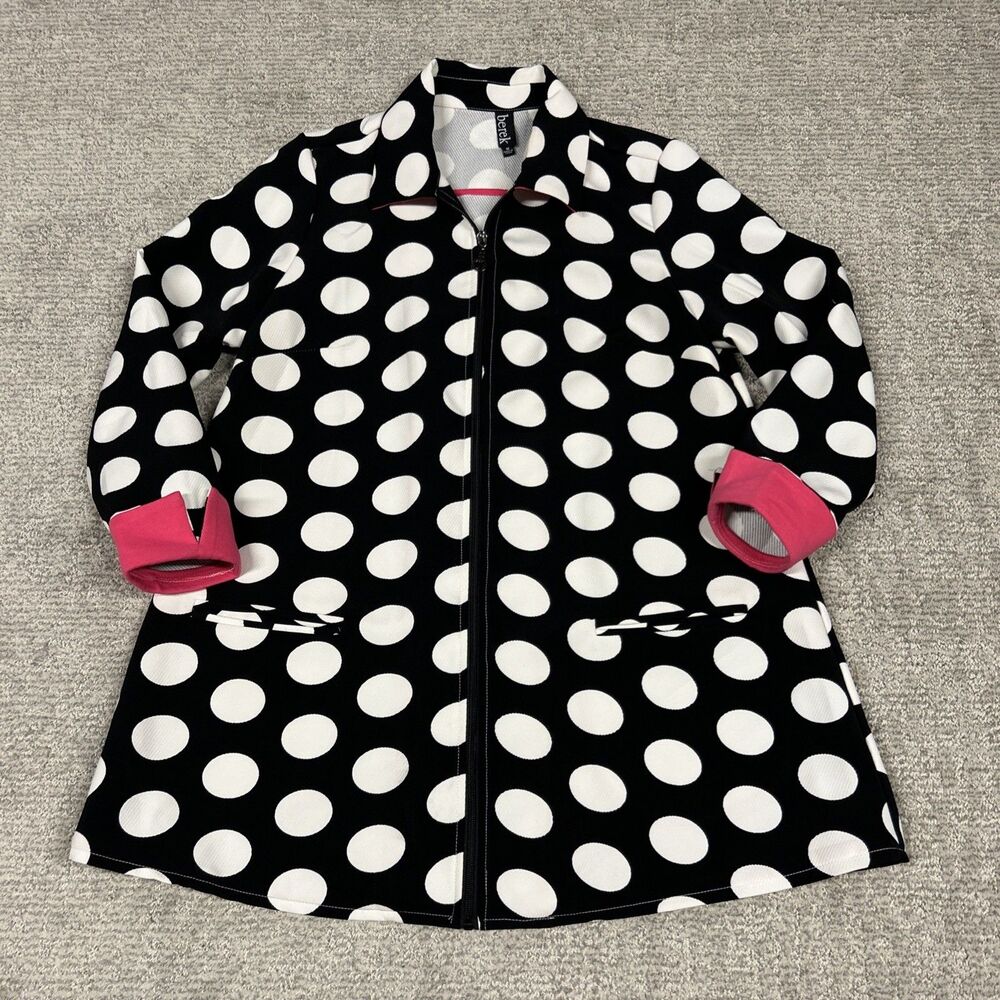 Berek Jacket Womens Medium Black white Polka Dot Pink Trim Zip Cotton Artsy